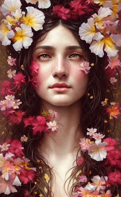 Prompt: portrait of a goddess of hibiscus! covered in flowers!, half body, perfect face!!, d & d, fantasy, intricate, elegant, highly detailed, digital painting, artstation, concept art, smooth, sharp focus, illustration, art by artgerm and greg rutkowski and alphonse mucha