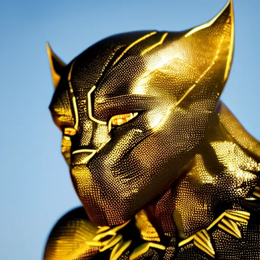 Image similar to a close up photo of a detailed golden statue of Black Panther, 8K,