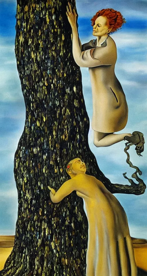 Image similar to Marie Curie hugging a tree, surreal oil painting by Salvador Dalí