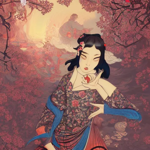 Image similar to james jean style, utagawa kunisada style, vfx art, unreal engine render, claymation style, colourful, volumetric light, digital painting, digital illustration, dramatic light,