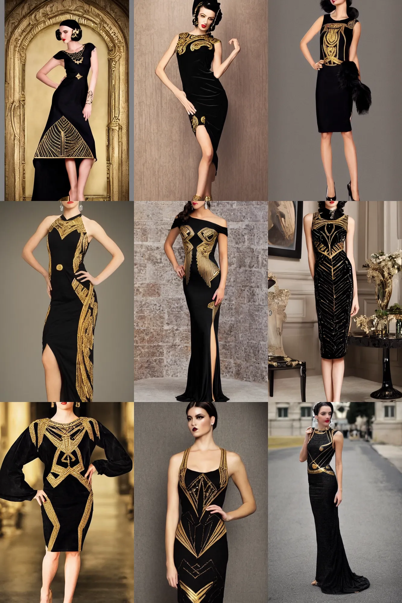 Prompt: beautiful black dress with golden art deco design elements, high fashion