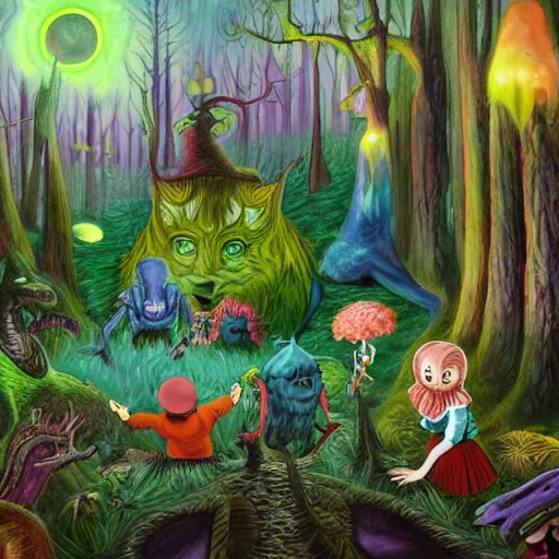 Image similar to a scene of colorful cartoon monsters in the clearing of a dark fantasy forest surrounded by darkness. hyperrealist illustration. muted colors. 1 9 7 0's pulp science fiction and fantasy cartoon for alice in wonderland and wizard of oz. highly detailed and richly colored painting by don ivan punchatz. trending on artstation