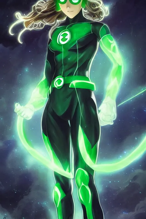 Image similar to anime key visual of a beautiful young female green lantern!! intricate, green and black suit, glowing, powers, dc comics, cinematic, stunning, highly detailed, digital painting, artstation, smooth, hard focus, illustration, art by artgerm and greg rutkowski and alphonse mucha