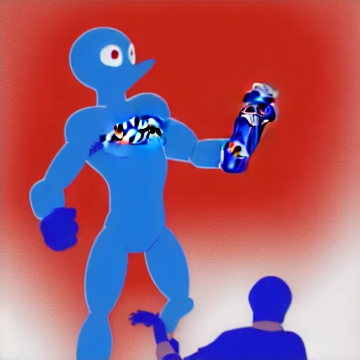 Image similar to Pepsiman is throwing cans of pepsi at elderly woman. digital art