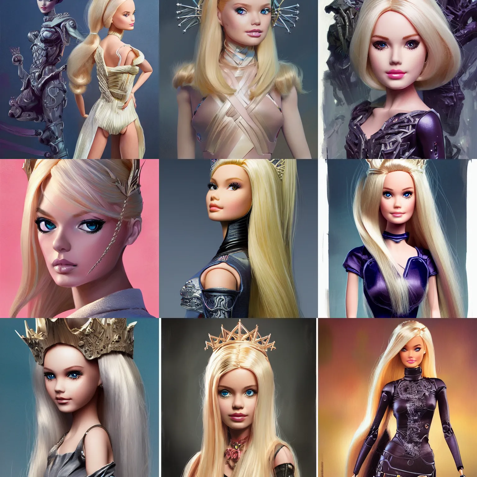 Prompt: --separate-imagesPortrait of barbie doll,blonde hair, with a spine crown, marvel comics, dark, intricate, highly detailed, smooth, artstation, digital illustration by Ruan Jia and Mandy Jurgens and Artgerm and Wayne Barlowe and Greg Rutkowski and Frank Frazetta