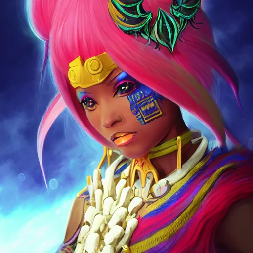 Image similar to anime portrait of Niki Minaj as a shaman yedi using dark force to eliminate trump as an anime antagonist by Stanley Artgerm Lau, WLOP, Rossdraws, James Jean, Andrei Riabovitchev, Marc Simonetti, and Sakimichan, trending on artstation