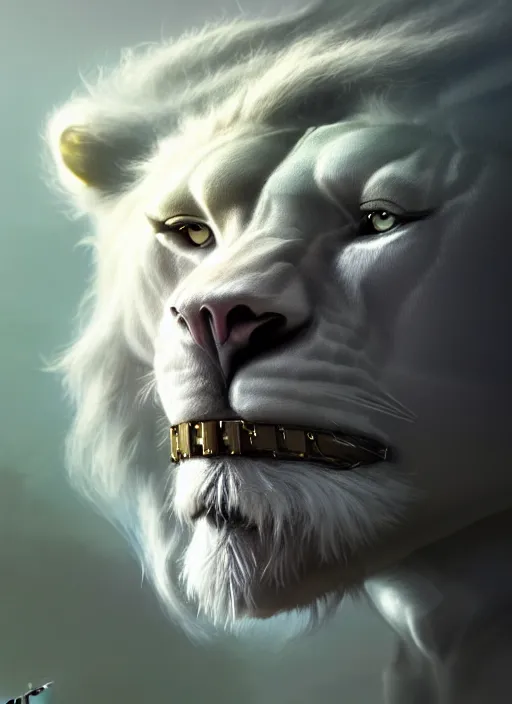 Image similar to an anthromorphic male white lion in a cybersuit, diffuse lighting, fantasy, highly detailed, photorealistic, digital painting, artstation, illustration, concept art, smooth, sharp focus, in the style of tom bagshaw