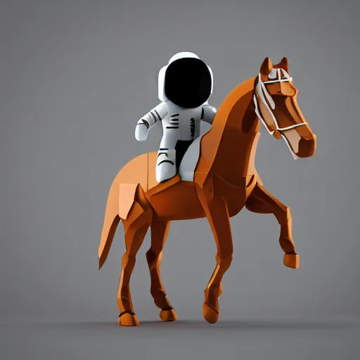 Image similar to an astronaut standing on the ground and a horse horse horse horse standing right above the human, the horse is atop of the head, on top his helmet and on his shoulders minimalist style, 3 d render, isometry