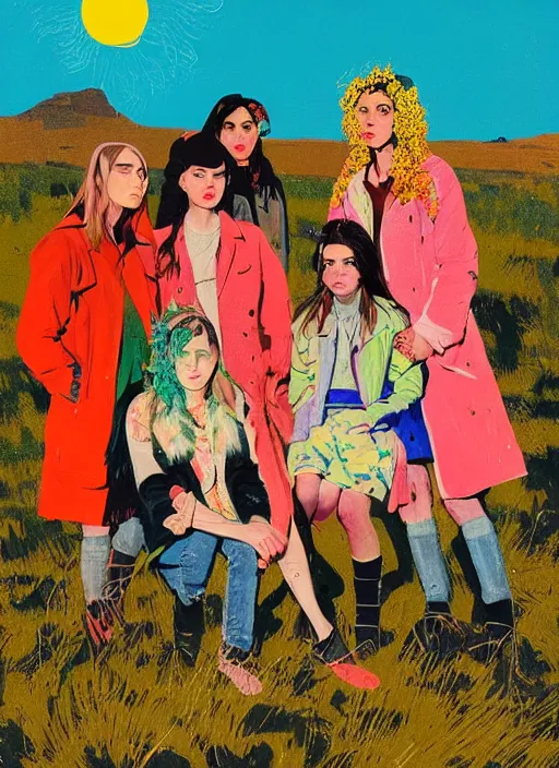 Image similar to a portrait of a group of girls dressed in colorful jackets in a scenic representation of mother nature and the meaning of life by billy childish, composition by justine kurland, thick visible brush strokes, shadowy landscape painting in the background by beal gifford, vintage postcard illustration, minimalist cover art by mitchell hooks