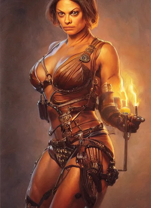 Image similar to portrait of a very muscled Mila Kunis as a heroine staring into the camera, torches and fireflies, artstation, intricate, elegant, highly detailed, art by Donato Giancola, Joseph Christian Leyendecker, WLOP, Boris Vallejo, Artgerm