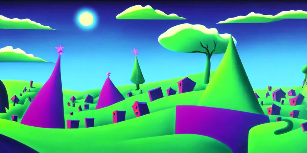 Prompt: a cartoon night landscape game background in art deco surrealism, artstation, nightmare before christmas, black green blue magenta