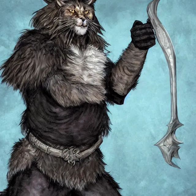 Image similar to khajit tabaxi catfolk humanoid adventurer with maine coon features and black fur holding two shortswords cloaked in shadow and wearing leather armor, dungeons and dragons, pure white background, fantasy, tarot card style, half body portrait, high detail, hyper realistic