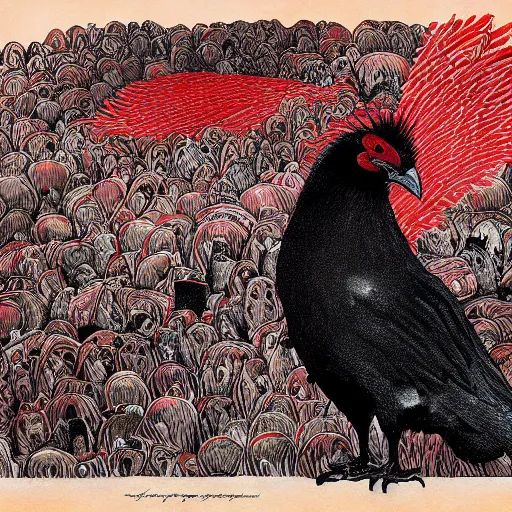 Prompt: portrait of a majestic fat!! black chicken with royal red comb!!!, ultra-detailed pen and ink illustration, vibrant colour, matte painting, modern concept art, 8k, impossible fine lines and details, divine background, by John Kenn Mortensen