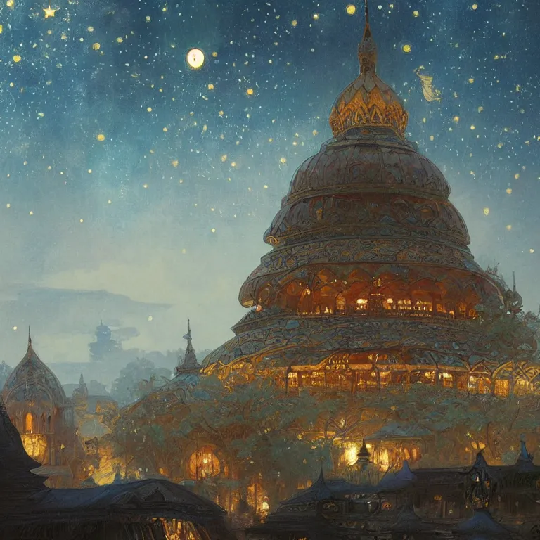 Prompt: a beautiful painting of the view from the river of the stately pleasure domes of kublai khan in xanadu, at night with a sky full of stars, intricate, elegant, highly detailed, digital painting, artstation, concept art, by krenz cushart and artem demura and alphonse mucha