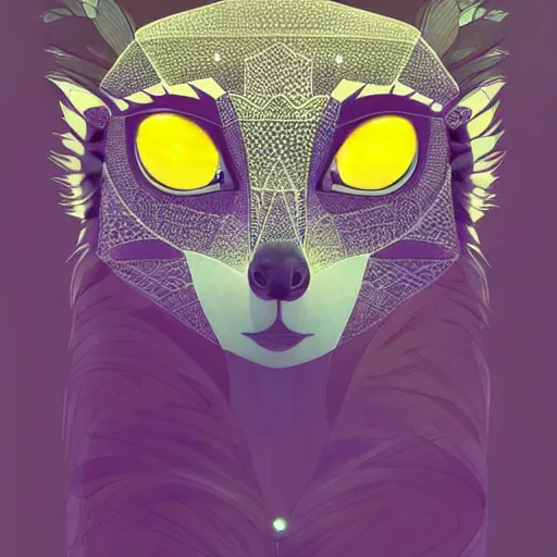 Prompt: geometric symmetrical synthetic lemur, moon in the background, intricate, elegant, highly detailed, digital painting, artstation, concept art, smooth, sharp focus, illustration, art by artgerm