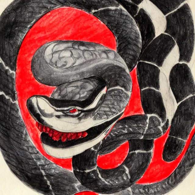 Prompt: concept art by michelangelo, pencil and watercolor. a japanese mask representing a snake, black and white with red accents