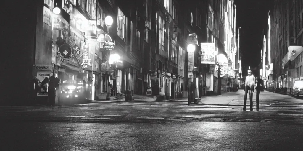 Prompt: a man on a city street at night, wide lens, cinematic, realistic, shot by stanley kubrick