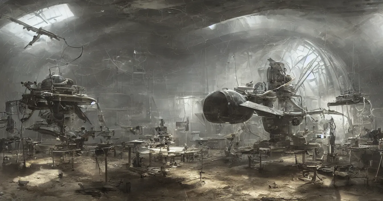 Image similar to engineer repairs ancient flying saucer full of modern military equipment, in the laboratory full of tools and machines, high detail, volume raytracing fog, wet reflective ground, by james paick, by ilm, by digital domain, by weta digital