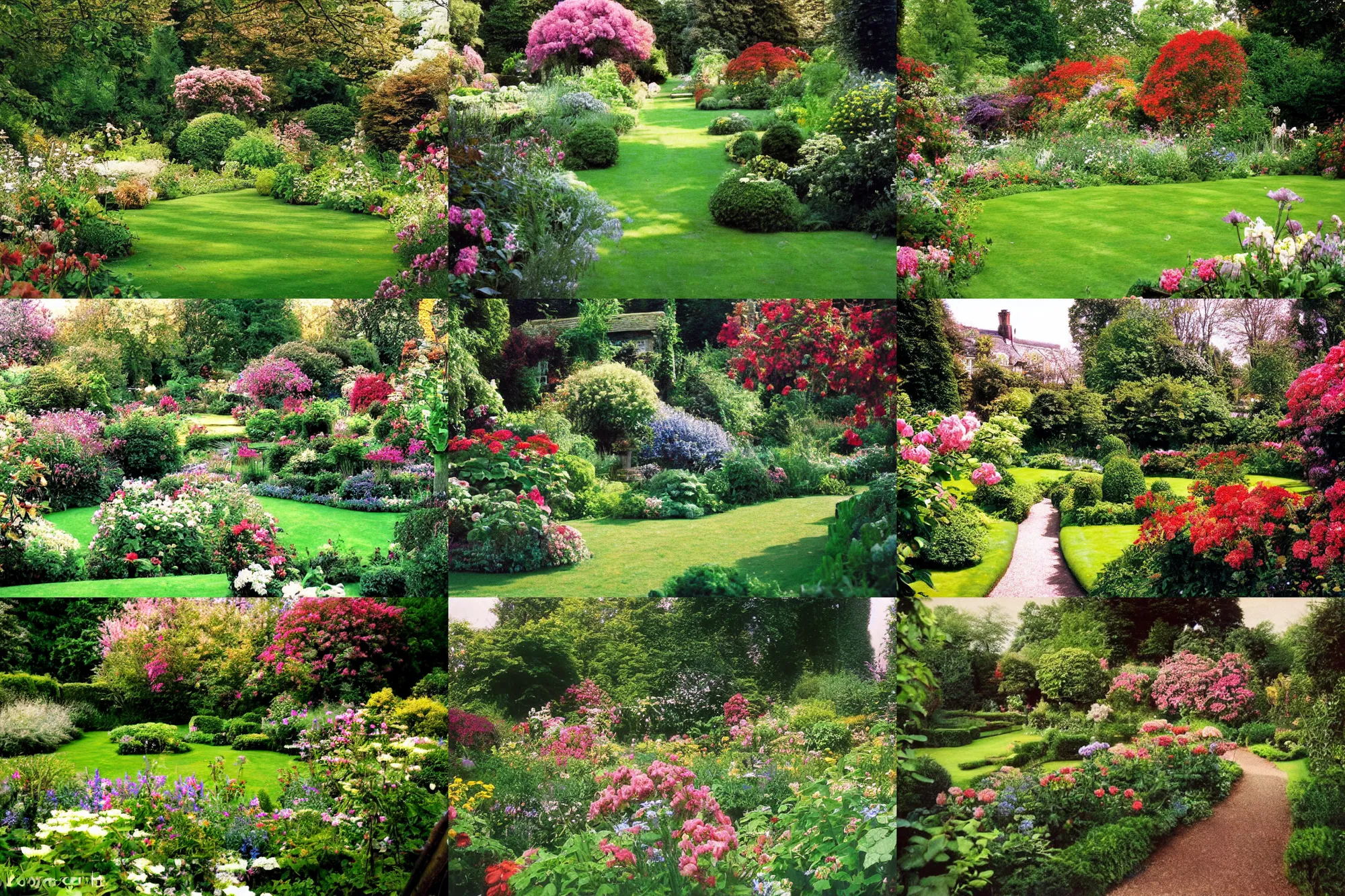Prompt: Beautiful English garden, Kodachrome film