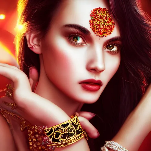 Image similar to photograph of wonderful princess with smooth fair skin, alluring eyes, red jewelry, breathtaking, elegant, ornate, intricate, hyper detailed, accent lighting, dramatic light, 4 k octane render