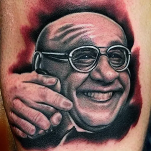 Image similar to tattoo of danny devito on leg