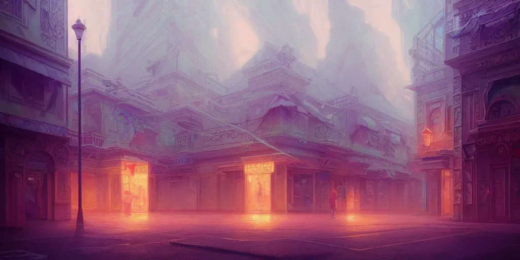 Image similar to concept art of a vaporwave palace made of pizza, illuminated fog, depth of field, cinematic lights, deep focus, intricate, elegant, highly detailed, foggy, mysterious, digital painting, artstation, concept art, matte, sharp focus, art by artgerm and greg rutkowski and alphonse mucha