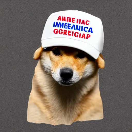 Image similar to doge wearing a make america great again cap, realistic, 8 k,