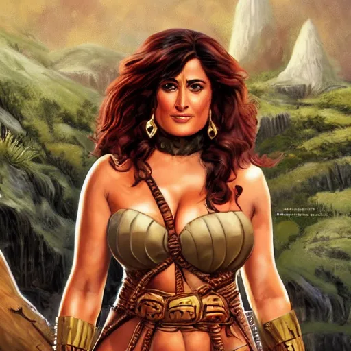 Image similar to full body photo of Salma Hayek as a Barbarian princess, Joe Jusko, digital art, artstation, 8k photography