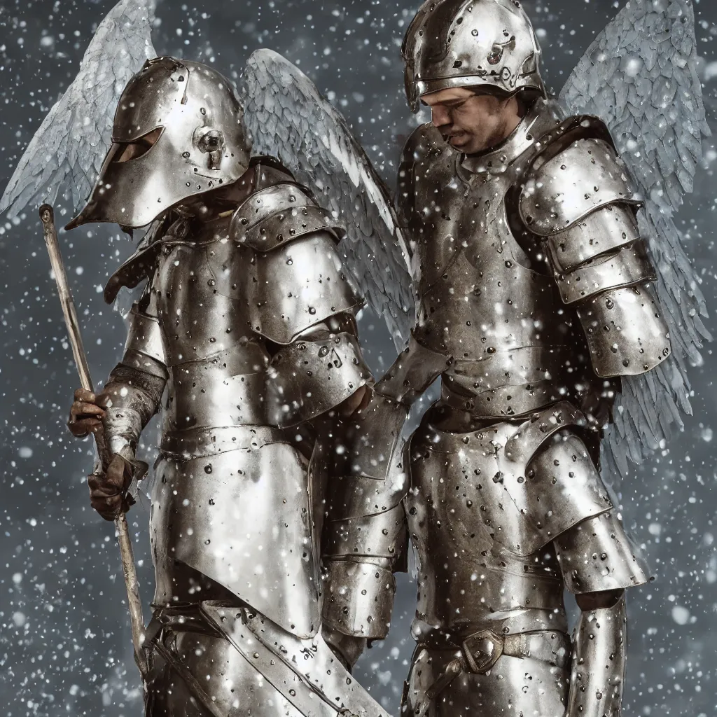 Prompt: a warrior in beautiful medieval armor with snow - white angel wings on his back, wearing a beautiful medieval helmet, holding an epee, kneeling on one knee, high quality, cyberpunk style