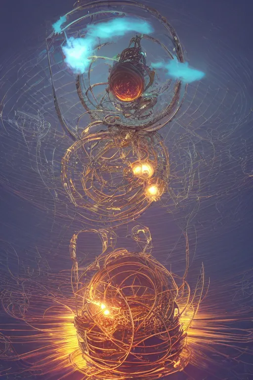 Prompt: an immaculate render of a metallic spiral made of old modular robot parts spawning cables and bird wings floating in a temple surrounded by glowing orbs made from chrome and incense smoke, powerful, cinematic, beautifully lit, by craig mullins, by galan pang, 3 d, trending on artstation, octane render, 8 k