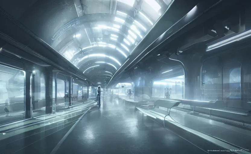 Image similar to Futuristic cyber subway station , gloomy and foggy atmosphere, octane render, artstation trending, horror scene, highly detailded