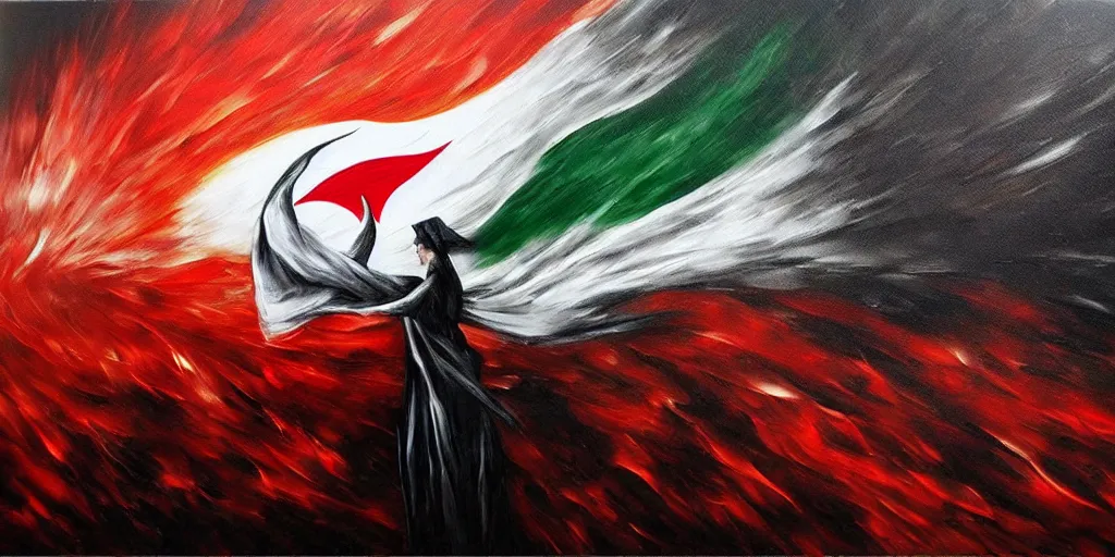 Prompt: dramatic epic dark oil painting of freedom for palestine, red green white black