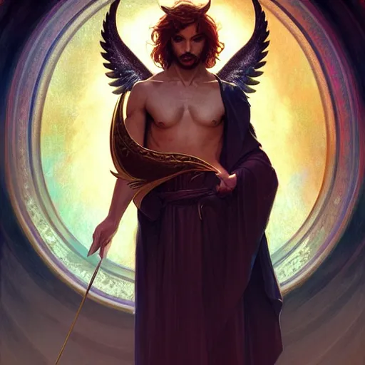 Prompt: attractive angel male deity, casting magic, summoning handsome lucifer morning star, fantasy, intricate, elegant, highly detailed, digital painting, artstation, concept art, matte, sharp focus, illustration, art by artgerm and greg rutkowski and alphonse mucha