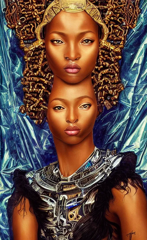 Prompt: beautiful young african cyborg princess muse, dazzling glowing eyes, elegant, striking composition, highly detailed ornate sci fi background, highly detailed, beautiful composition, mural painting in the style of sandro botticelli, caravaggio, albrecth durer