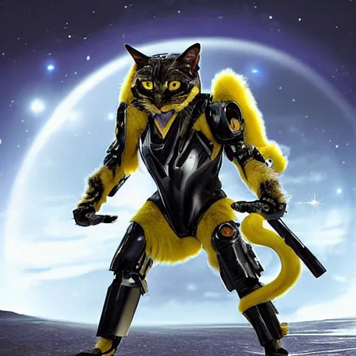 Image similar to humanoid with cat-like features in futuristic space armor with force fields, yellow eyes, teeth that protrude past the lower lip and fine grayish fur on their faces and backs of their hands and carrying weapons, octane,