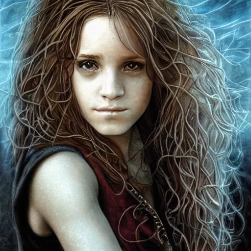 Prompt: dressed Hermione Granger in tattoos, by luis royo, beautiful eyes, Beautiful face, by Aggi Erguna, high detail,high resolution