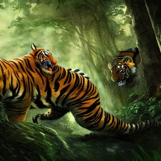 Image similar to a dragon and a tiger hybrid in the forest, dynamic lighting, photorealistic concept art, stunning visuals, creative, cinematic, ultra detailed, best detail