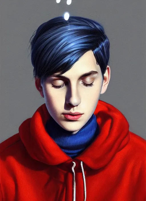 Image similar to portrait of teenage jughead jones wearing a light grey crown, crown, blue turtleneck, 1 9 5 0 s, closed eyes, photorealistic, black hair, glowing lighting, intricate, elegant, glowing lights, highly detailed, digital painting, artstation, concept art, smooth, sharp focus, illustration, art by wlop, mars ravelo and greg rutkowski