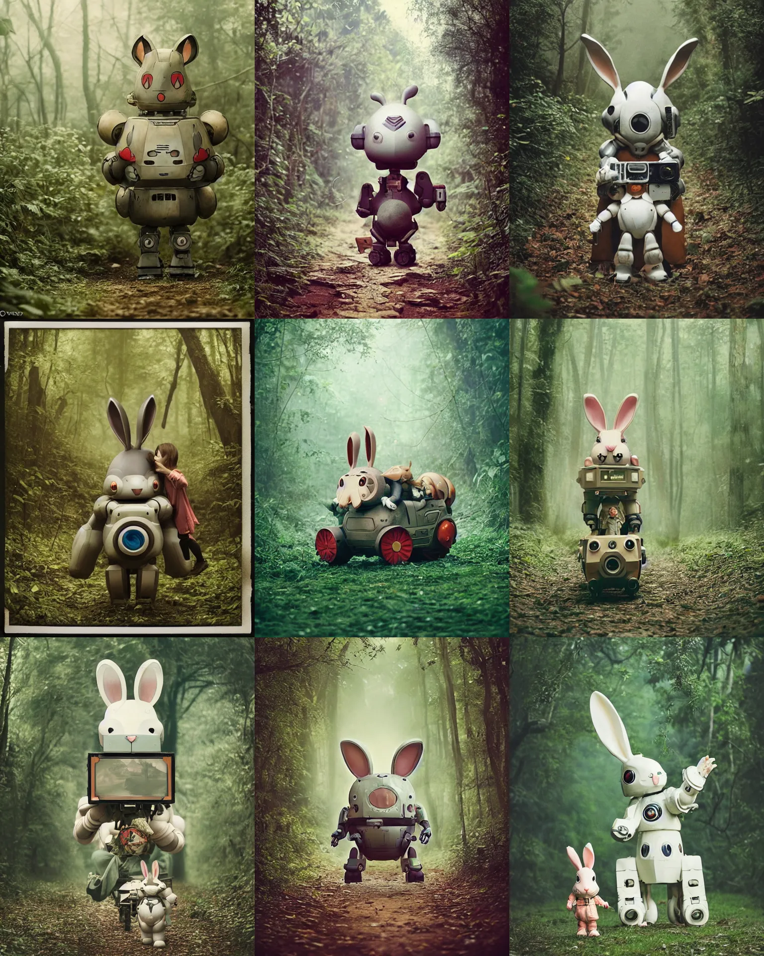 Prompt: epic battle pose !!!giant oversized battle rabbit robot chubby mech baby train cute with big ears and rabbit, on a jungle forest, full body , Cinematic focus, Polaroid photo, vintage , neutral dull colors, soft lights, foggy ,random weather, by oleg oprisco , by victor enrich
