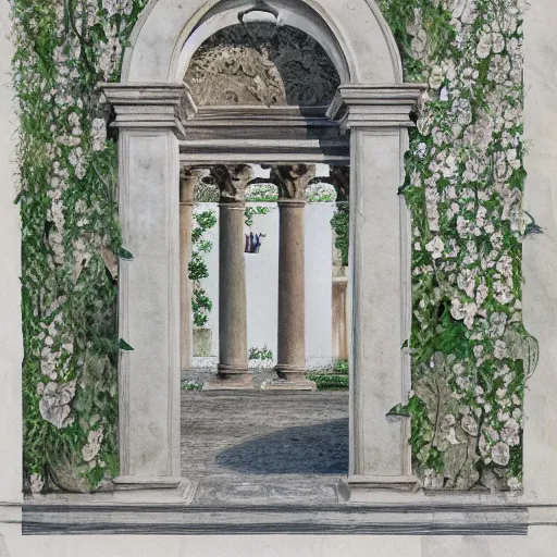 Image similar to delicate marble garden on paper, stony, puffy, botanical herbarium, botanic watercolors, iridescent, 8 k wide angle, realistic shaded, fine details, artstation, italian, colonnade, oak tree, pinecone, pomegranade, hydrangea, vines, gardena architecture, pompeii