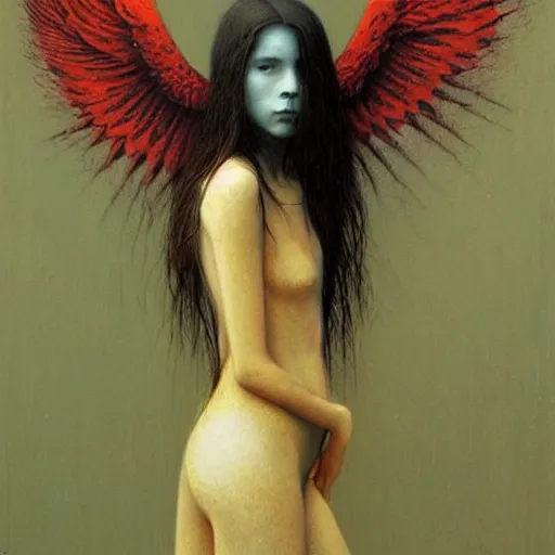 Prompt: young teen female. She has black crow wings, painting by Beksinski