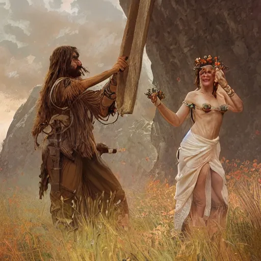 Prompt: Neanderthal wedding, historically accurate, highly detailed, highly detailed, digital painting, artstation, concept art, smooth art, sharp focus, illustration, art by artgerm and greg rutkowski and alphonse mucha and loish and WLOP