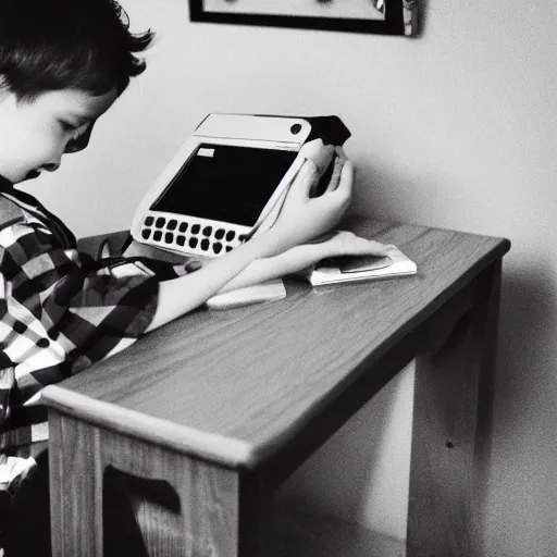 Prompt: a kid using a talking computer