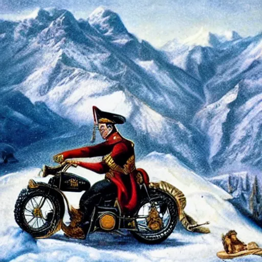 Prompt: Napoleon Crossing the Alps on a Harley Davidson