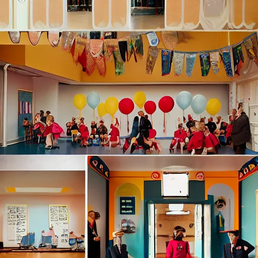 Image similar to a cool school reception, wes anderson style