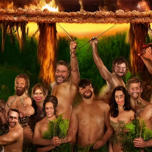 Image similar to cavemen bachelor party at wedding in real life, intricate, highly detailed, detailed, hyper realistic, 4 k, 8 k uhd, realistic, great detail