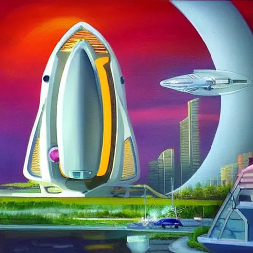 Prompt: Beautiful city of the future in harmony with nature, spaceship in the background. Nice colour scheme, soft warm colour. Beautiful painting by Lurid. (2022)