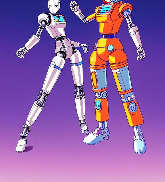 Image similar to retrowave robot girl protagonist, animation character design by akira toriyama, don bluth, jack kirby, action - adventure, sharp detail, artstation trending, conceptart. com