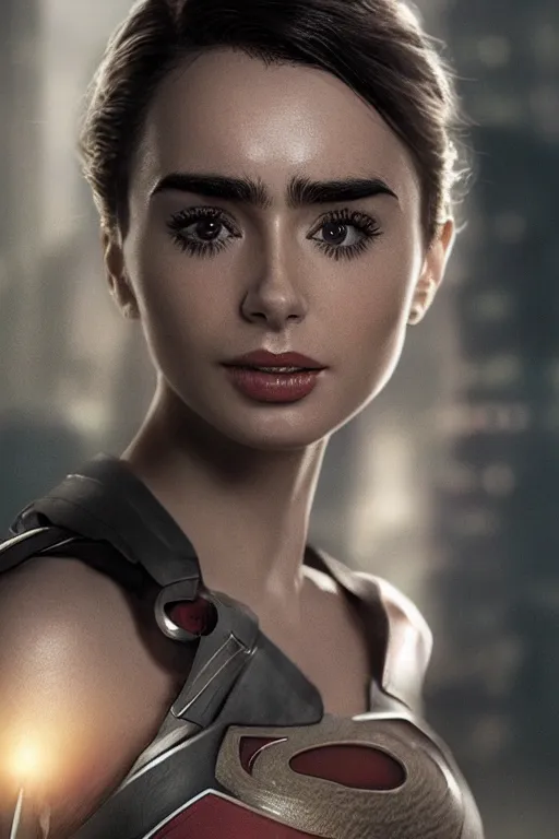 Image similar to a fancy close up of Man of Steel cast as Lily Collins by Greg Rutkowski, Sung Choi, Mitchell Mohrhauser, Maciej Kuciara, Johnson Ting, Maxim Verehin, Peter Konig, 8k photorealistic, cinematic lighting, HD, high details, dramatic, trending on artstation, full body shot