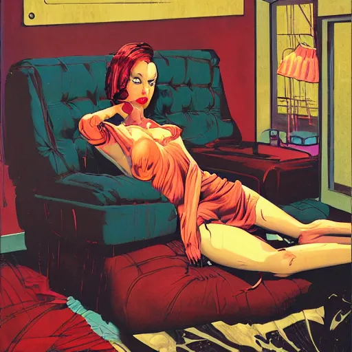 Prompt: female android relaxing on sofa, dark, elegant, cover artwork by philippe caza and Jenny seville, midnight hour, part by francis bacon + adrian ghenie, part by jeffrey smith, part by josan gonzales, part by norman rockwell, part by phil hale, part by kim dorland, rich deep color scheme, artstation, detailed illustration